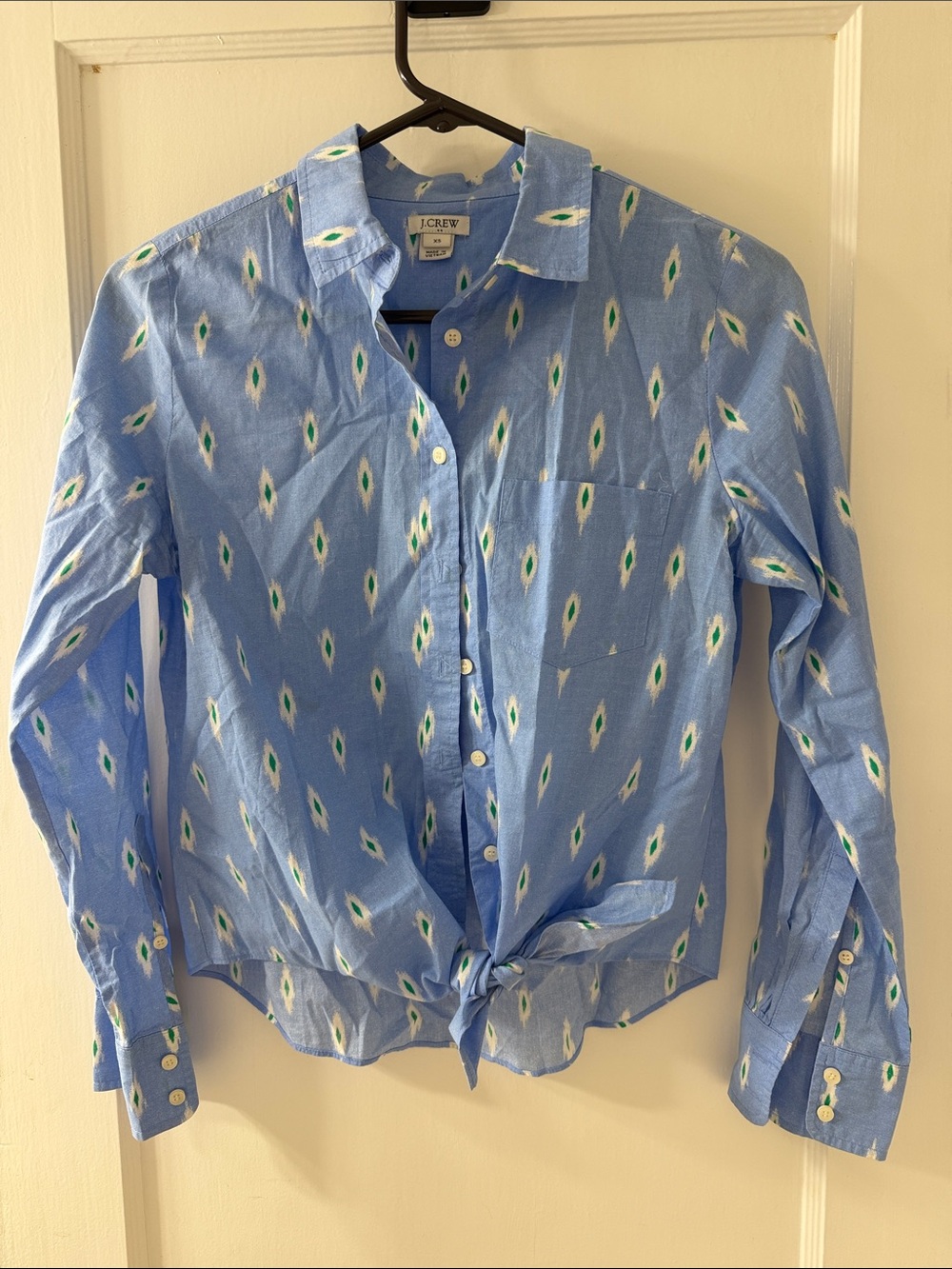 J. Crew Light Blue Button-Front Shirt with Green & White Motif